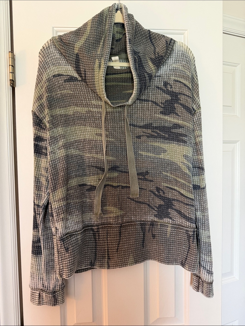 Altar'd State Olive and Black Camo Waffle Turtleneck Pullover